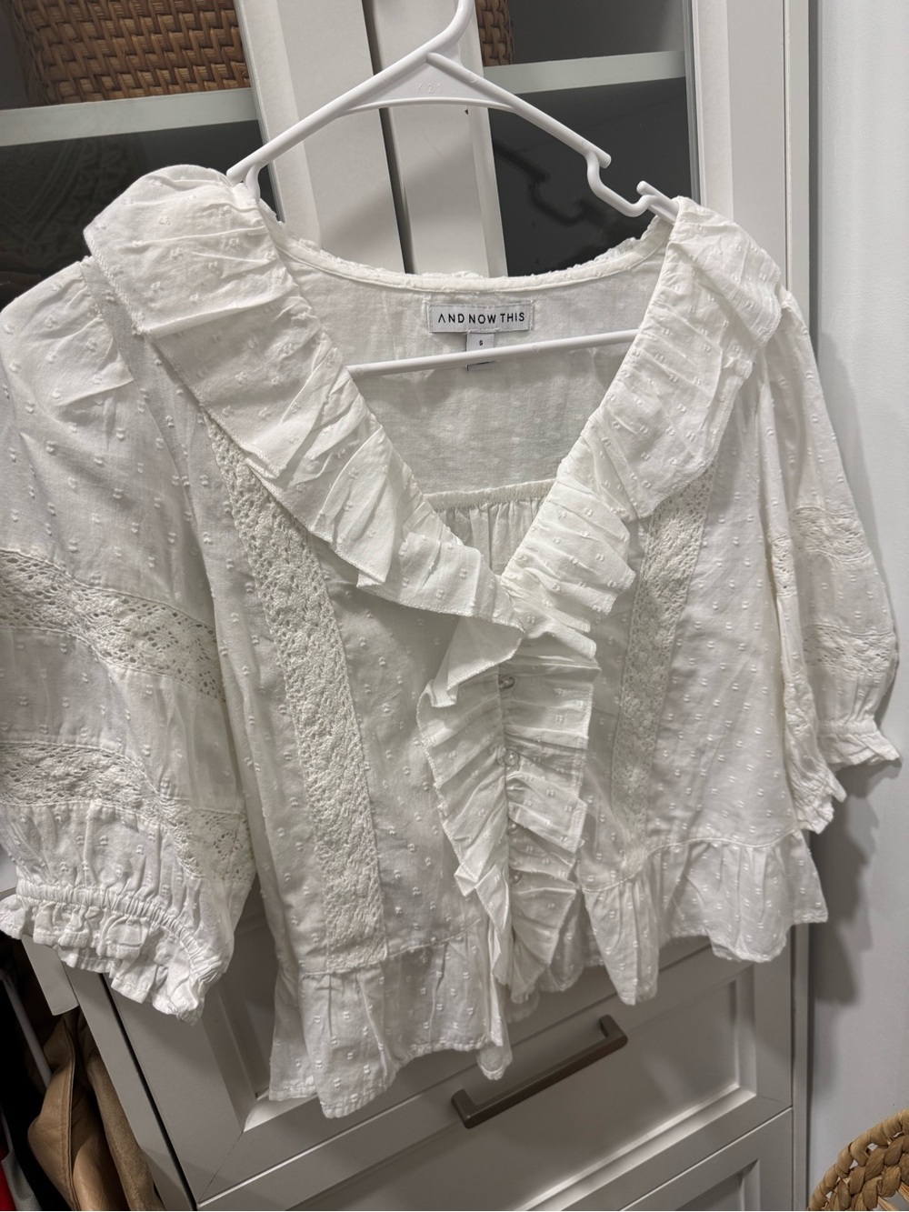 And Now This White Ruffle-Front Swiss Dot Blouse